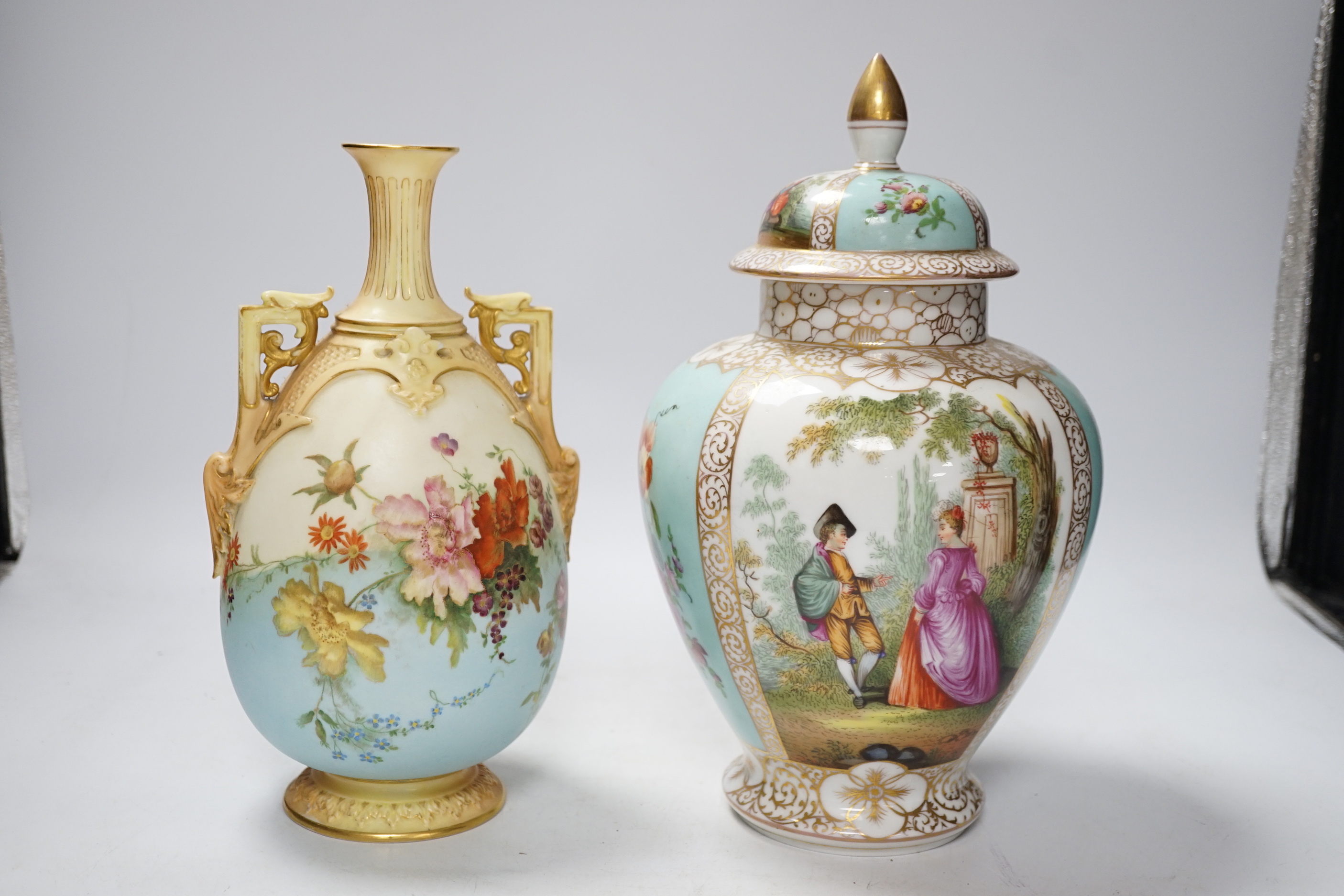 A Dresden vase and cover together with a Worcester vase , 1539 shape, tallest 27cm